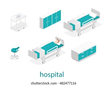Isometric flat interior of hospital room. Flat 3D illustration