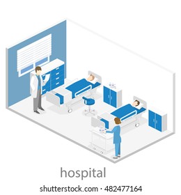 Isometric flat interior of hospital room. Doctors treating the patient. Flat 3D illustration