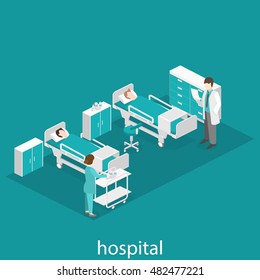 Isometric flat interior of hospital room. Doctors treating the patient. Flat 3D illustration