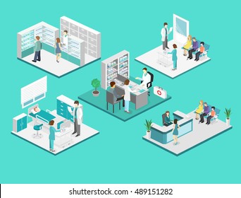 Isometric Flat Interior Of Hospital Room, Pharmacy, Doctor's Office, Waiting Room, Reception. Doctors Treating The Patient. Flat 3D Vector Illustration