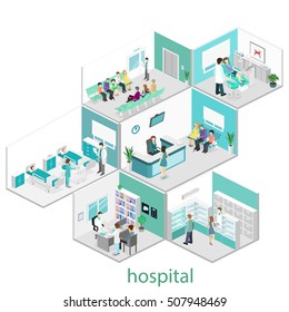 Isometric Flat Interior Of Hospital Room, Pharmacy, Doctor's Office, Waiting Room, Reception, Dentist's Office. Doctors Treating The Patient. Flat 3D Vector Illustration