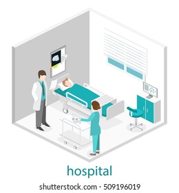 Isometrisch flaches Inneres des Krankenhauszimmers. Ärzte behandeln den Patienten. Flache 3D-Illustration