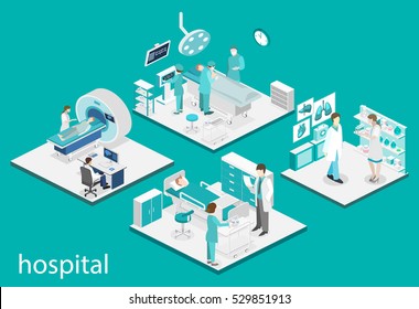 Isometric Flat Interior Of Hospital Room, Pharmacy, Doctor's Office, Waiting Room, Reception. Doctors Treating The Patient. Flat 3D Vector Illustration