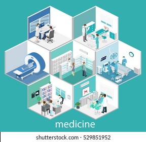 Isometric flat interior of hospital room, pharmacy, doctor's office, waiting room, reception, mri, operating. Doctors treating the patient. Flat 3D vector illustration