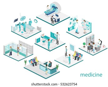 Isometric flat interior of hospital room, pharmacy, doctor's office, waiting room, reception, mri, operating. Doctors treating the patient. Flat 3D vector illustration