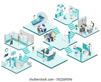 Isometric Flat Interior Of Hospital Room, Pharmacy, Doctor's Office, Waiting Room, Reception, Mri, Operating. Doctors Treating The Patient. Flat 3D Vector Illustration