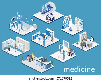 Interior isométrico y plano de la sala del hospital, farmacia, consultorio médico, sala de espera, recepción, mri, operando. Médicos tratando al paciente. Ilustración vectorial 3D plana