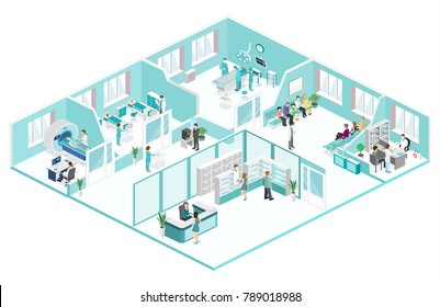 Interior isométrico y plano de la habitación del hospital, farmacia, consultorio médico, sala de espera, recepción, mri, operando. Médicos tratando al paciente. Ilustración vectorial 3D plana