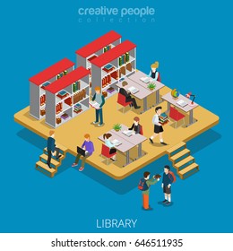 Isometric flat library interior in school, college or university vector illustration. Education and knowledge 3d isometry concept. Librarian, students reading, studying, doing homework and bookcase.