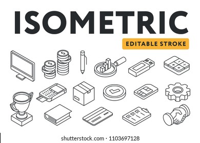 Isometric Flat Line Icon Set. Computer, coins, pen, analysis, graph, usb flash drive, calculator, trophy cup, pin pad, box, SIM, cogwheel, book, credit card, clipboard, handshake. Editable stroke.