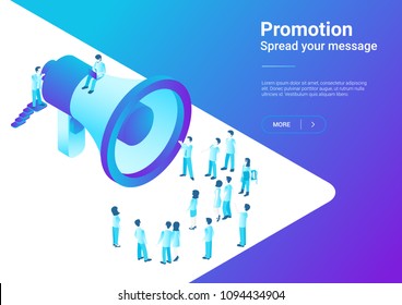 Isometric Flat Loudspeaker Megaphone with Crowd of People vector illustration. Advertisement Promo Marketing Concept ultraviolet style.