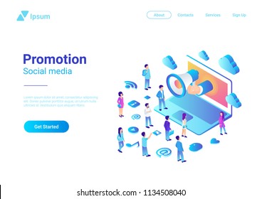 Isometric Flat Loudspeaker Megaphone from Laptop talking to Crowd of People vector illustration. Notebook Advertisement Promo Marketing Concept ultraviolet style. Isometric Flat Loudspeaker Megaphone from Laptop talking to Crowd of People vector illustration. Notebook Advertisement Promo Marketing Concept ultraviolet style.