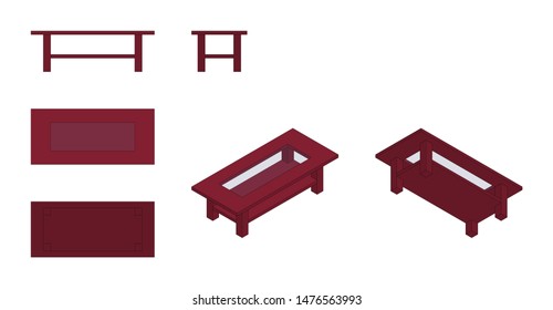 isometric and flat mahogany coffee table from different angles