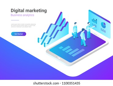 Isometric Flat Marketing Strategy Vector Illustration. People standing on Smartphone with Statistics Charts