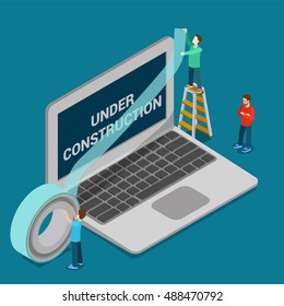 Isometric flat men gluing scotch on laptop screen vector illustration. 3d isometry Under construction, app software development, website closed for maintenance concept.