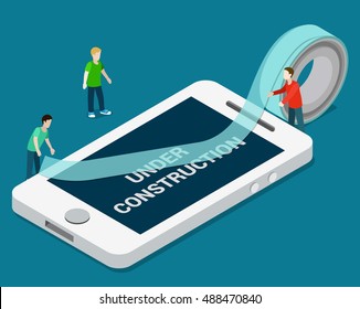 Isometric flat men gluing scotch on smartphone screen vector illustration. 3d isometry Under construction, mobile application and software development, website closed for maintenance concept.