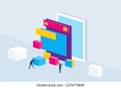 isometric flat mobile application development and design process concept 
