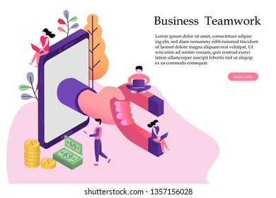 Isometric flat modern design business people concept for strategy, planning, market learning, social, online. Landing page template for social media web banner, business presentation concept.
