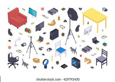 Isometric Flat Office Items Against The White Background. 3D Isometric Vector Concept Illustration