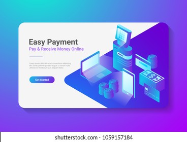 Isometric Flat Online Payment By Smartphone Laptop POS Terminal With Credit Debit Card Coins Cash Money.