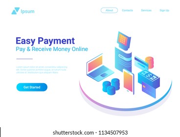 Isometric Flat Online Payment by Smartphone Laptop POS Terminal with Credit Debit Card Coins Cash Money.