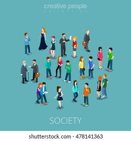 Isometric flat people crowd vector illustration. Different teens and adults stand, talk, call phone and listen to music. Society members, social network 3d isometry concept.