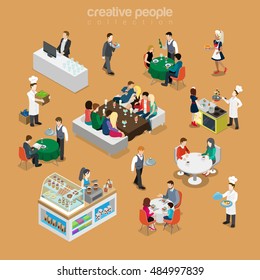 Isometric flat People in restaurant vector illustration set. Reservation, celebrating, cooking, deserts, variety of waiters and customers characters. Food and drink 3d isometry concept.