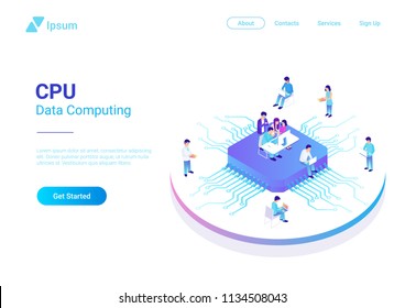 Personas planas isométricas trabajando en la ilustración vectorial del procesador GPU de CPU. Laboratorio de Tecnología Digital.