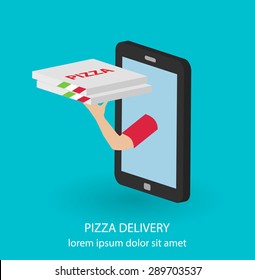 Isometric flat pizza delivery concept with hand holding out pizza boxes from smartphone or tablet, vector illustration. 