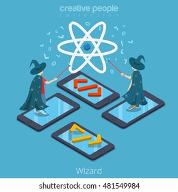 Isometric flat Programmers wearing magician costumes and magic wands in hands, standing on phones vector illustration. 3d Mobile App Wizard isometry concept.