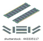 Isometric flat ram memory card. The objects are isolated against the white background and shown from different sides