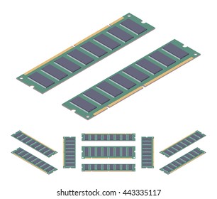 Isometric flat ram memory card. The objects are isolated against the white background and shown from different sides