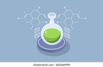 Isometric Flat Research Pharmaceutical. chemical lab background with equipment. Icons Chemistry isometric, flask.