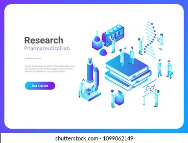 Isometric Flat Research Pharmaceutical Laboratory vector illustration. Scientists working with microscope test tubes DNA in Lab.