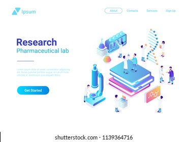 Isometric Flat Research Pharmaceutical Laboratory Vector Illustration. Scientists Working With Microscope Test Tubes DNA In Lab.