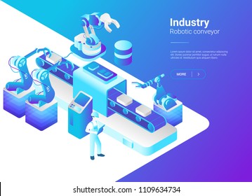 Isometric Flat Robotics Factory Conveyor Vector Illustration. Robot Industry Concept.