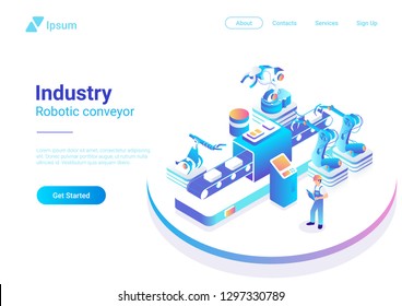 Isometric Flat Robotics Factory Conveyor Vector Illustration. Robot Industry Concept