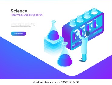 Isometric Flat Science Laboratory vector illustration concept. Scientist working with Test Tubes