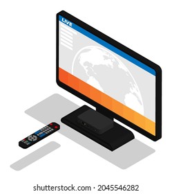 isometric flat screen TV on stand receives signal of satellite box control panel. Smart TV and home theater viewing at home. Realistic 3D vector isolated on white background