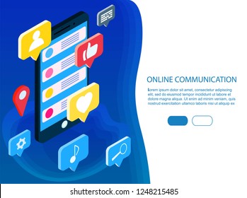 Isometric flat Social media concept banner with text place. style minimal vector illustration isolated on white background. Modern online communication with gadget