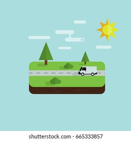 Isometric flat tile with forest scenery and road along which rides a cargo van 