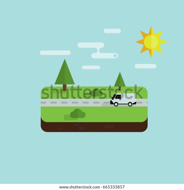 Isometric flat tile with forest scenery and road\
along which rides a cargo van\
