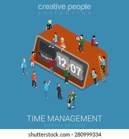 Isometric Flat Time Management concept vector illustration.
People with Retro Clock Watch. Creative people collection.
