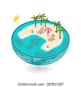 Isometric flat tropical island in miniature globe isolated on white background. 3d travel and vacation concepts with deck chairs, little people, beach ball, star fish, palms, sea and sand