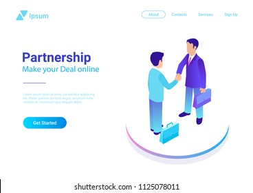 Isometric Flat Two Businessmen Making Deal Vector Illustration. People Shaking Hands Making Contract Online. Partnership Concept.