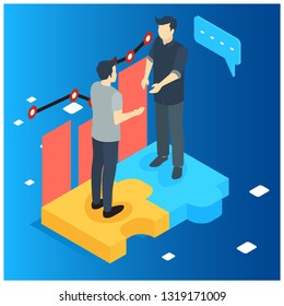 Isometric Flat two Businessmen making Deal vector illustration. People shaking hands making contract online. Partnership concept. - Vector