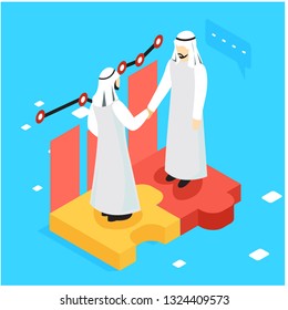 Isometric Flat two Businessmen making Deal vector illustration. People shaking hands making contract online. Partnership concept. - Vector - Vector