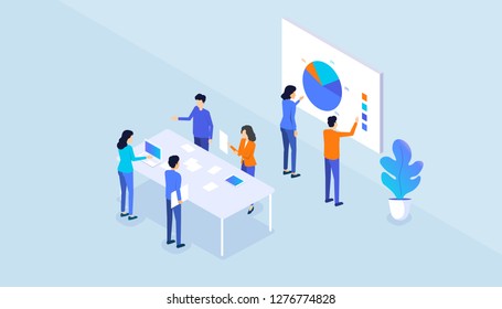 isometric flat vector  business team meeting working and brainstorming concept 
