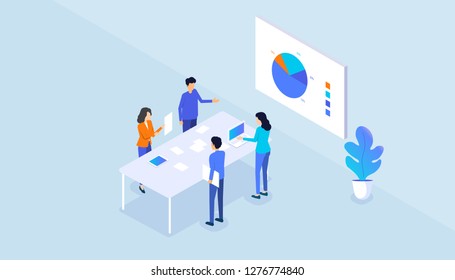 isometric flat vector  business team meeting working and brainstorming concept 
