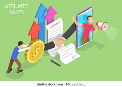 Isometric flat vector concept of affiliate sales, marketing strategy, referral program, partnership agreement.